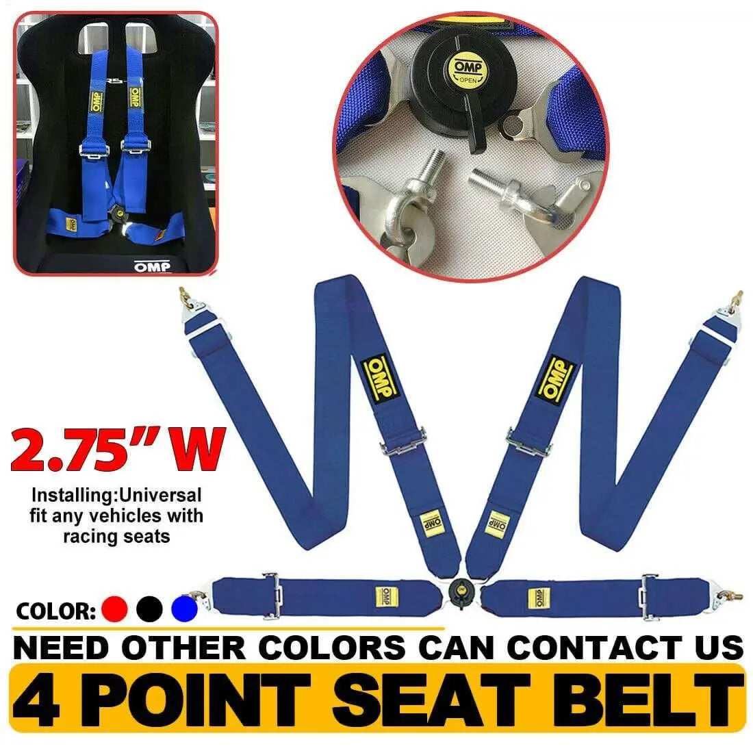 1 Set Universal Red/Black/Blue 4 Point Camlock Quick Release Racing Car Seat Belt Harness