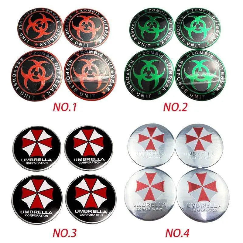 4PCS 56mm Biochemical Crisis Umbrella Car Wheel Center Hub Cap Sticker Auto Tire Emblem Badge Decal - larahd